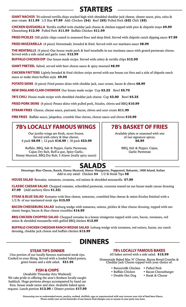 Menu Westfield 7B's Bar & Grill